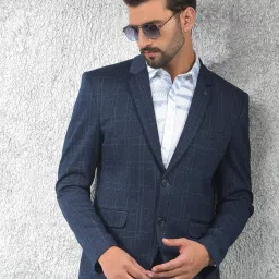 crimsoune club Men's Navy Blue Checked Notched Lapel Single-Breasted Blazer image 4