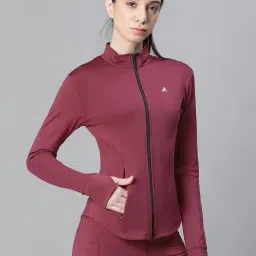 athlisis Women’s Full Zip Training Jacket with MockCollar & Thumbhole Sleeves | Quick-Dry, Stretchable, Lightweight Activewear for Gym, Yoga, Running & Sports (IN, Alpha, XL, Regular, Maroon) image 2