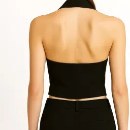 lahazat Apparels Women's Halter Neck Cropped Waistcoat Vest, Black, Button Front, Lapel Collar, Elegant Everyday Style image 2