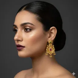 aaiku Traditional Antique Gold-Plated Long Temple Earrings for Women & Girls | Rajwadi Pear-Shaped Copper Design with Ruby Stone & Pearl Detailing | Lightweight Bridal Jewelry image 1