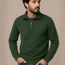 organic chics Quarter Zip Pullover Sweatshirt, Khaki Cotton Blend, Casual Long Sleeve, Classic Collar image 2