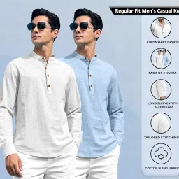 zombom Combo of Men's Solid Cotton Blend Full Sleeve Straight Kurta Shirt (Pack of 2) image 1