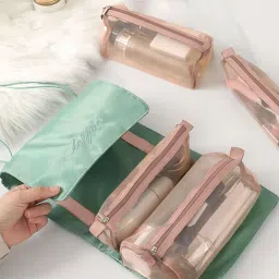 laksmi 4-in-1 Hanging Cosmetic Organizer - Portable Detachable Folding Mesh Travel Bag Set with Multiple Compartments, Ideal for Makeup and Toiletries, Green image 5