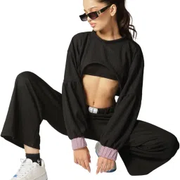 the pocca Women's Ultimate Black Ribbed Crop Top Size M,L,XL | Long Sleeve Pullover Sweatshirt with Contrast Cuffs | Trendy Streetwear Top for Women | Oversized Fit, Soft Knit Fabric image 4