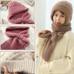 kevim Integrated Ear Protection Windproof Cap Scarf, Winter Warm Knitted Hat Scarf Multi Colors image 4