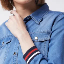 miss chase Women's Neck Full Sleeves Light Weight Denim Knee-Long Shrug image 4