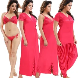 siami Apparels Solid Satin 6 Piece Nightwear/Nighty Set (1 Robe, 1 Nighty, 1 Top, 1 Patiyala, 1 Lingerie Set) for Women image 1