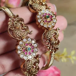 a&s luxury creations Traditional Peacock Design Gold Finish Bangles for Women & Girls | Ruby & White Stone Floral Kada | 1 pair 2 bangles | Imitation Jewellery image 1