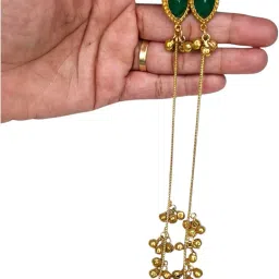 sajobhi Kashmiri Long Dangle Earrings, Gold-Plated with Green Stone and Pearl Jhumka, Antique Ethnic Design image 1