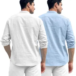zombom Combo of Men's Solid Cotton Blend Full Sleeve Straight Kurta Shirt (Pack of 2) image 2