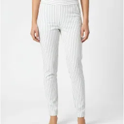 Women's Striped Formal Pants, High Waist, White with Blue Pinstripes, Slim Fit, Ankle Length image 2