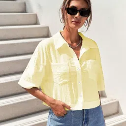 toplot V-Collar Solid Crop Shirt for Women with Half Sleeves image 2