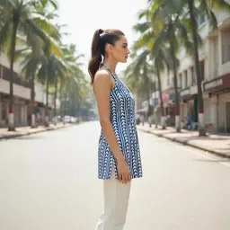 gosriki Women's Hand Block Printed Halter Neck Short Kurti |Traditional Indigo Print |Lace-up Back Design |Short Kurti for Girls| Kurti for Women image 2