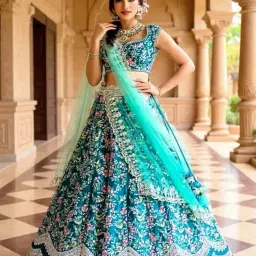 anshu signature Designer Lehenga Choli Set for Women | Embroidered Top, Bottom & Dupatta | Short Sleeve Semi-Stitched Ethnic Outfit | Attractive Fashionable Traditional Indian Lehenga (Aqua Blue) image 3