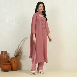 biba Women's Pink Georgette Hand Embroidered Unstitched Suit Set image 2