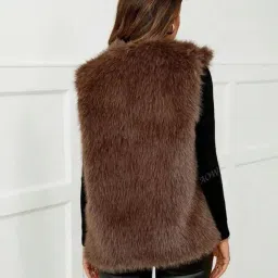 PATAKADEVI Faux Fur Coat Jacket Vest | For Stylish Appearance | Brown Shaggy Smooth Texture | Sleeveless Long Length | Soft Volume Feel | Lightweight Layering Piece | Fashion Attire Outer Layer image 1