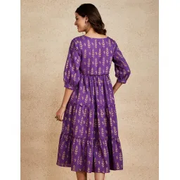 amazon brand - myx Women's A-Line Calf Length Printed Tiered Dress in Cotton image 1