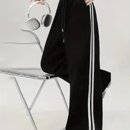 sky magic Women's Open High Rise Bottom Wide Legged Two Striped Black and White | Women's/Unisex ONESOPEN Bottom Drawstring Pure Cotton Stretchable Baggy Jogger Pants image 1