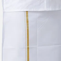 ramraj cotton full sleeve shirt with gold jari 1/2 inch border dhoti for men image 5