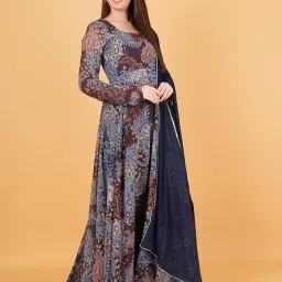 magnetism Designer Anarkali Dress with Dupatta, Navy Blue Paisley Print, Full Length Gown with Long Sleeves image 3