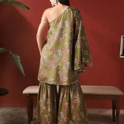 globus Women Floral Print Mirror Detail One Shoulder Bell Sleeves Top & Sharara Festive Co-Ord Set image 2