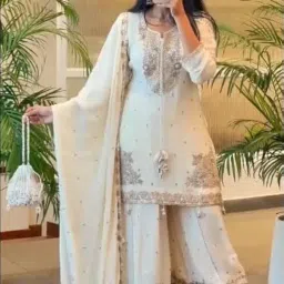 shishkala Women's White Embroidered Sharara Suit Set | Georgette Kurta with Dupatta | Wedding & Festive | Ready to Wear Indian Ethnic Outfit image 2