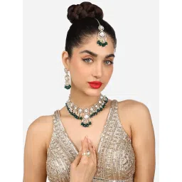zaveri pearls Green Bead Dazzling Stones Embellished Choker Necklace Earring Maangtikka & Ring Set For Women-ZPFK17792 image 5