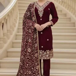 kind stitch Women's Premium Velvet Rich Maroon -Coloured Embroidered Straight Fit Kurta Pant & Dupatta set| Kashmiri Dupatta | Ethnic Wear|Sizes L TO XXL image 4