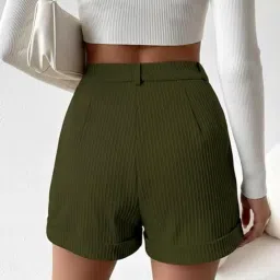 leriya fashion Women's High Waist Tailored Shorts, Ribbed Poly Lycra Blend Summer Shorts with Pockets & Button Closure, Elegant Folded Hem Casual Wear for College, Brunch & Daily Outings image 1