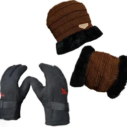 rizzq Unisex Winter Knitted Beanie Hat, Neck Warmer Scarf & Touchscreen Gloves Combo Set - Warm Woolen Cap with Fur Trim for Men & Women, Multiple Colours Available image 1