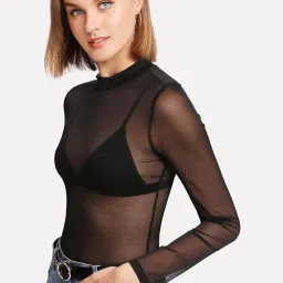 aahwan Mesh Long Sleeve Sheer Slim Fit High Neck See-Through Top for Women's & Girl's image 2