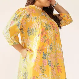janasya Women's Plus Size Yellow Pure Cotton Tropical Printed A-line Tunic image 2