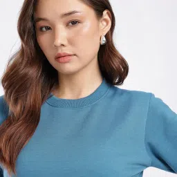 riss Women Solid Round Neck Fleece Sweatshirt – Full Sleeve Pullover-RISSWSWT91-TealBlue image 4