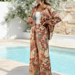 gufrina Women's Polyester Co-Ord Set with Button-Up Top & Wide Leg Pant 3/4th Sleeves Collar Neck Printed Pattern Regular Fit and Standard Length image 2