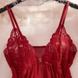 kaidaa Women’s Lace Babydoll Lingerie Set with Front Closure & Matching Panty | Sexy Nightwear Chemise Nightie for Women | Romantic Gift for Wife or Girlfriend | Red image 3