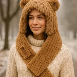 uniq Adorable Fox Ear Scarf Hat for Women | Woolen Cap with Plush Scarf | Cute Fox Beanie Combo image 4