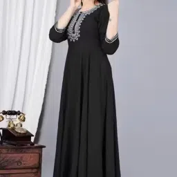 abu huraira Women's Black Anarkali Dress, Long Flared Maxi Gown with Embroidered Neckline, 3/4 Sleeves, Traditional Ethnic Wear image 3