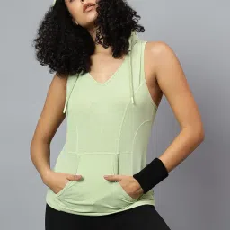 fitkin Womens Green Self Design Sleeveless Hooded Tank Top image 4