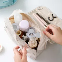 Travel Makeup Cosmetic Organizer Pouch Bag with Handle, Large Capacity Translucent Waterproof Travel Storage image 5