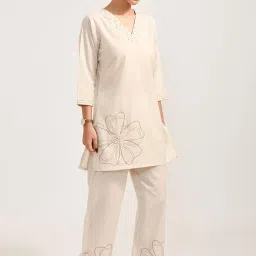 meerabella Crisp Canvas Cotton Coords Set, Beige, Floral Embroidered Top with Pants, Traditional Indian Style image 1