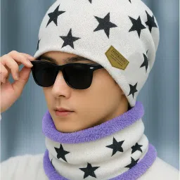 phirsein White Star Design Winter Woolen Cap With Neck Warmer and Gloves Combo For Men and Women(White) image 2