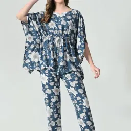 ichaa Women Women's Rayon Printed Night Wear Kaftan Top and Trouser Night Suit Set Blue image 5