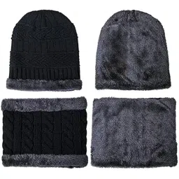 ablue clipper Unisex Woolen with Faux Fur Inner Side Beanie Cap and Neck Muffler Winter Combo Set (Free Size)-Pack of 1 image 5