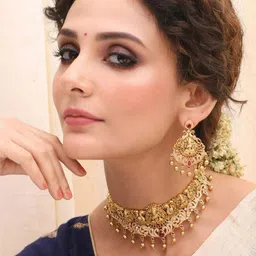 Tarinika Gold-Plated Cubic Zirconia Studded Antique Choker Necklace Set-picture-27