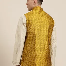 SOJANYA Men Mustard Yellow Jacquard Self-Design Nehru Jacket image 3