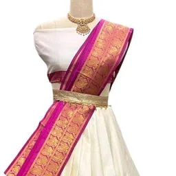 renvaani fashion Women's Indian Traditional Unstitched Kanjivaram Silk Zari Lehenga Choli Along With Dupatta Attach With Unstitch Blouse Piece, Half Saree (LAHENGA KH142 ROSE OFF WHITE RAMA PURPLE) image 4