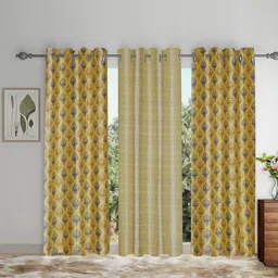 SOKNACK Yellow & Cream-Coloured 3 Pieces Ethnic Motifs Black Out Door Curtains-image-17
