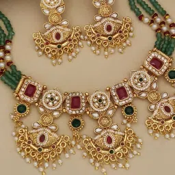 Abdesigns Multi-Color Gold Plated Kundan Studded Necklace with Earrings-picture-12
