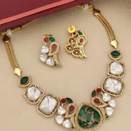 Abdesigns Multi-Color Gold Plated Polki American Diamond Studded Necklace with Earrings-image-60