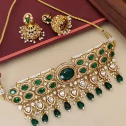 Abdesigns Green Gold Plated Polki Studded Necklace with Earrings-picture-12